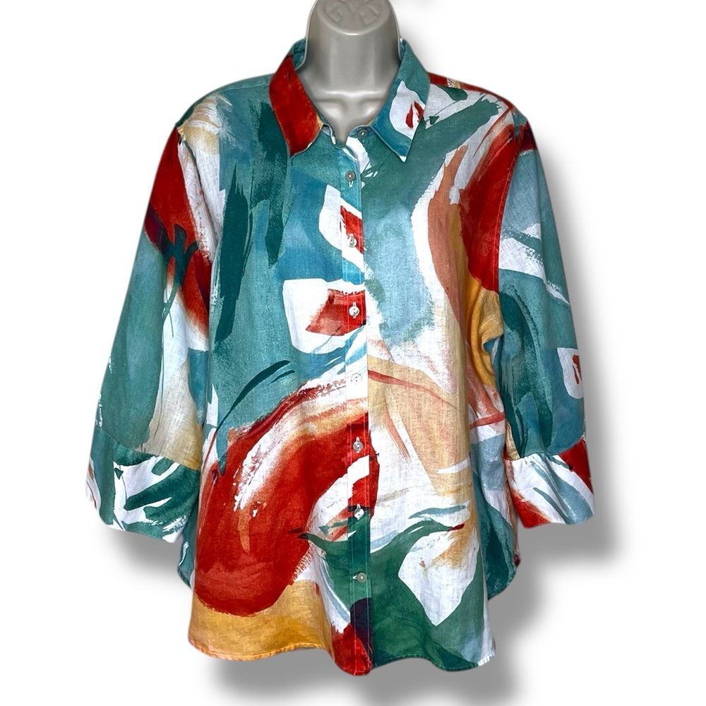 Chicos Abstract Watercolor Print Linen Artsy Coastal Button Up Blouse Women 16